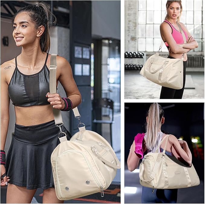 FIORETTO Womens Gym Tote Duffle Bag with Wet Pocket & Shoe Compartment, Sports Duffel Overnight Weekender Hospital Workout Carry on Bag for Girls, Ideal for Travel, Swimming, Dance, Ballet Beige