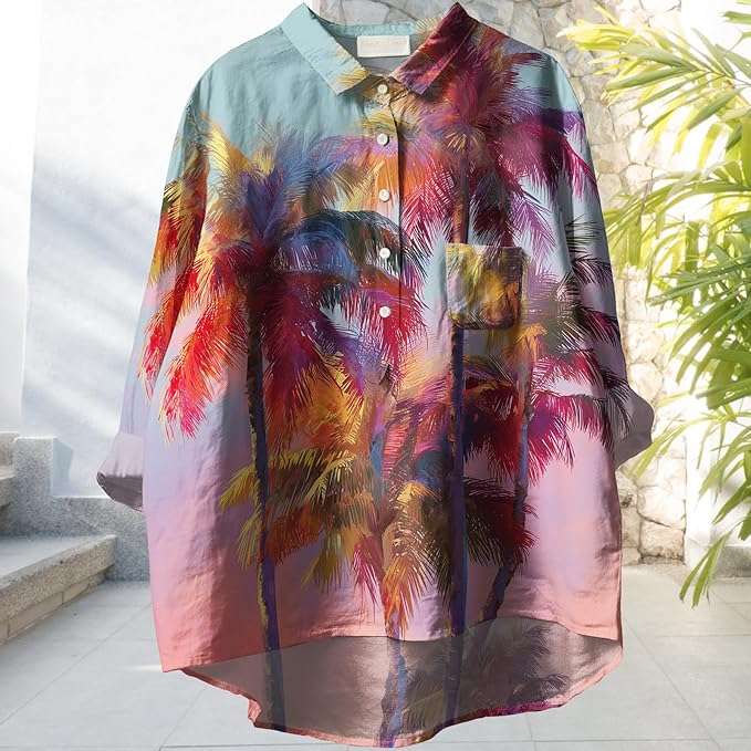 Womens Boho Tops 3/4 Long Sleeve Floral Blouses Hawaii Beach Button Down Shirts V Neck Pullover Casual Tunics