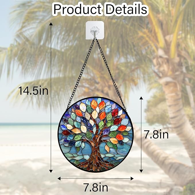 Stained Glass Window Hanging, Colorful Tree of Life Sun Catchers Glass Panel Blue Suncatcher Decor for Birthday for Women, Men, Wife, Aunt, and Mom 7.8 in