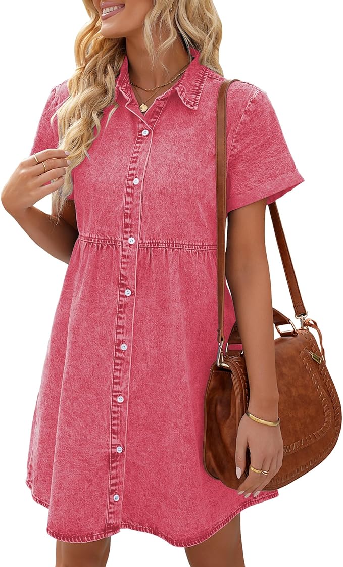 LookbookStore Women's Short Sleeve Button Down Flowy Tiered Babydoll Denim Dress