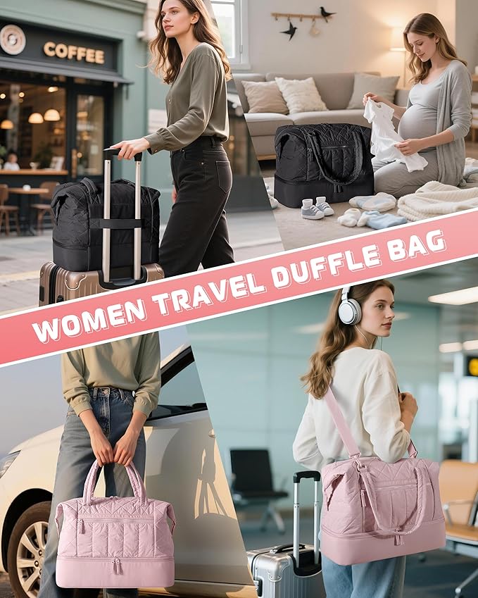 Quilted Duffle Bag with Shoe Compartment and Wet Pocket, Weekender Duffel Bag With Laptop Sleeve and a Separate Pouch for Travel, Gym, Hospital Labor Delivery, Pink