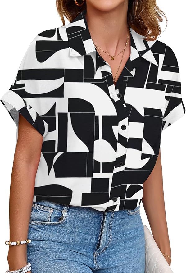 Womens Button Down Shirt Casual Short Sleeve Collared Work Blouse with Pocket