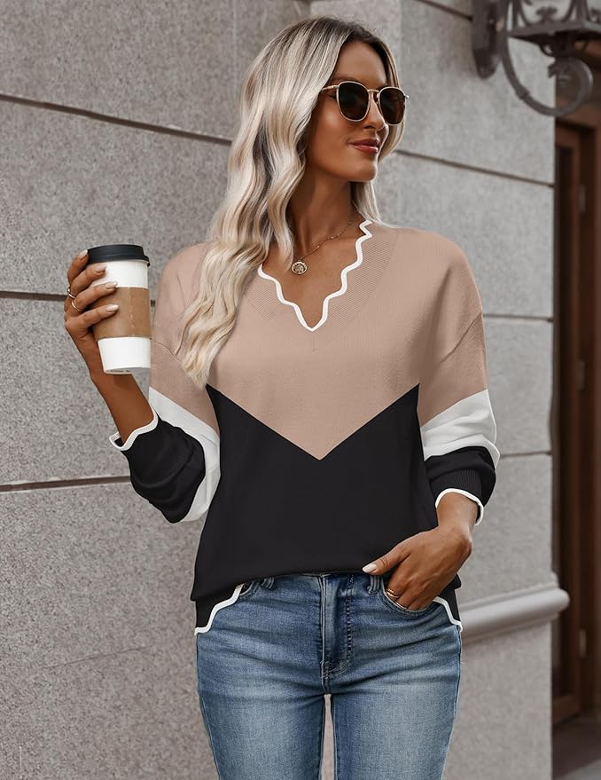 Zeagoo Women's 2026 Fall V Neck Sweater Casual Long Sleeve Lightweight Ribbed Knit Pullover Sweaters Dressy Casual Tops