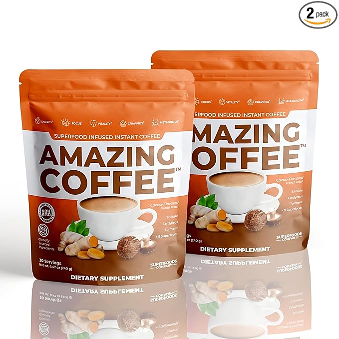 Superfoods Company | Amazing Coffee - Instant French Roast | Adaptogenic Mushrooms, Superfoods infused - Energy, Focus, Digestion, Immunity - 60 Servings - Cocoa Flavor