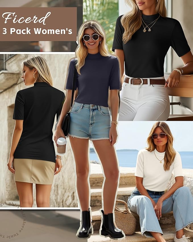 Ficerd 3 Pack Women's 1/2 Sleeve Mock Turtleneck Shirts, Elbow Length Shirt Half Sleeve Tunic Top Casual Summer Basic Tees