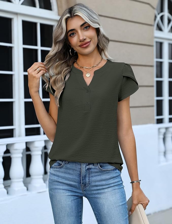 Zeagoo Womens Tops Dressy Casual Textured Blouses Cap Short Sleeve Shirts V Neck Button Up Summer Spring Work Tshirt Clothes