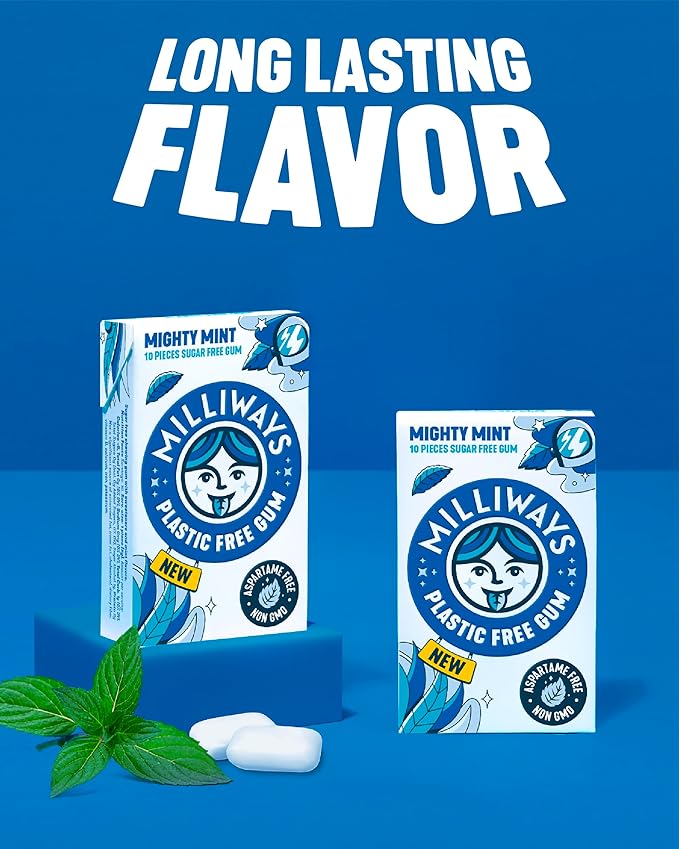 Milliways Mighty Mint | Plastic Free Gum | Xylitol, Aspartame-Free, Sugar-Free, Plant-Based, Natural Chewing Gum | 40 Pieces Total (4 Packs of 10 Pieces)