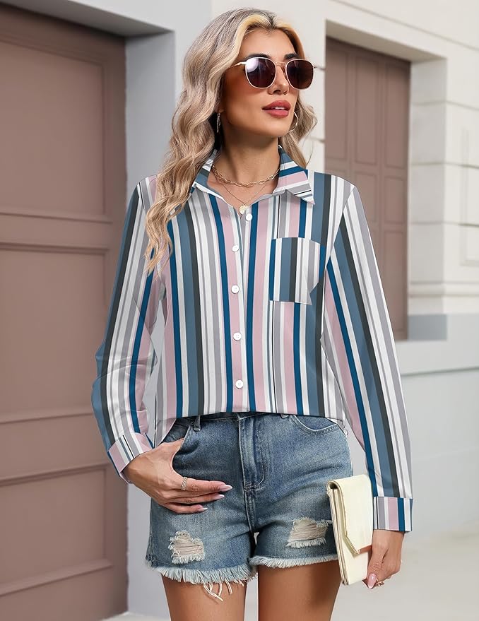 HOTOUCH Button Down Shirts for Women Long Sleeve Blouse Dressy Casual Business Work Tops with Pocket