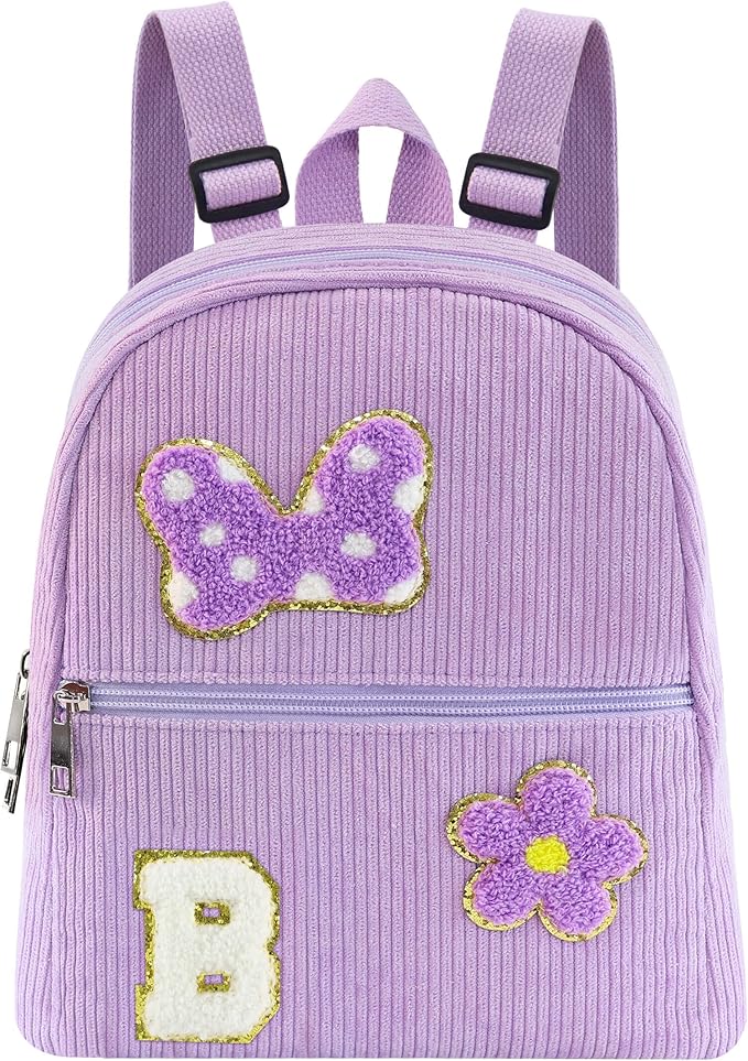 2 3 4 5 6 Year Old Girl Gifts Chenille Initial Mouse Bow Mini Backpack, Corduroy Toddler Backpacks Christmas Birthday Gifts for Girls 2-4 5-6, Purple Mini Diaper Bag Must Haves for Park Travel B