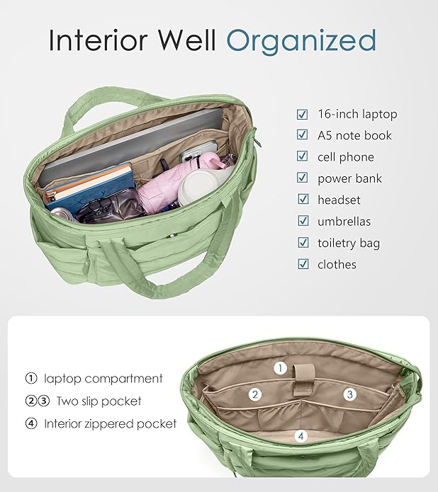 Tote Bag for Women with Zipper, Quilted Puffer Tote Bag with Compartments, Lightweight Puffy Work Bags for Women Travel