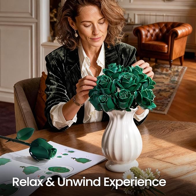iATOM Green Rose Bouquet Building Set, 12Pcs Fake Flowers Botanical Collection for Adult, Valentine's Day Gift for Her/Girlfriend/Mom/Wife/Couple, Vintage Home Office Table Centerpiece Decor Aesthetic