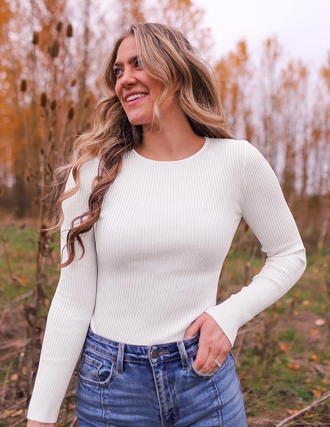 ZESICA Women's Long Sleeve Crewneck Shirts 2026 Fall Ribbed Knit Sweater Slim Fitted Casual Basic Tee Tops