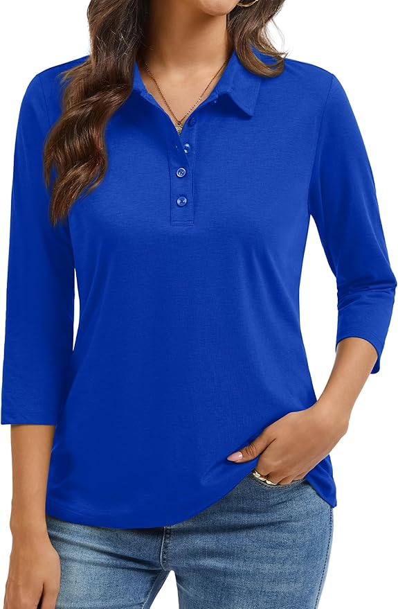 YUCOLEN Polo Shirts for Women 3/4 Sleeve Tops Golf Tees 5-Button Collared Cotton Shirt Business Casual