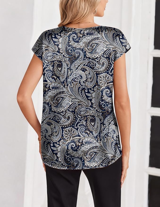 Zeagoo Women Silk Satin Tops Cap Short Sleeve Blouse V Neck Shirts Business Casual Outfits S-2XL