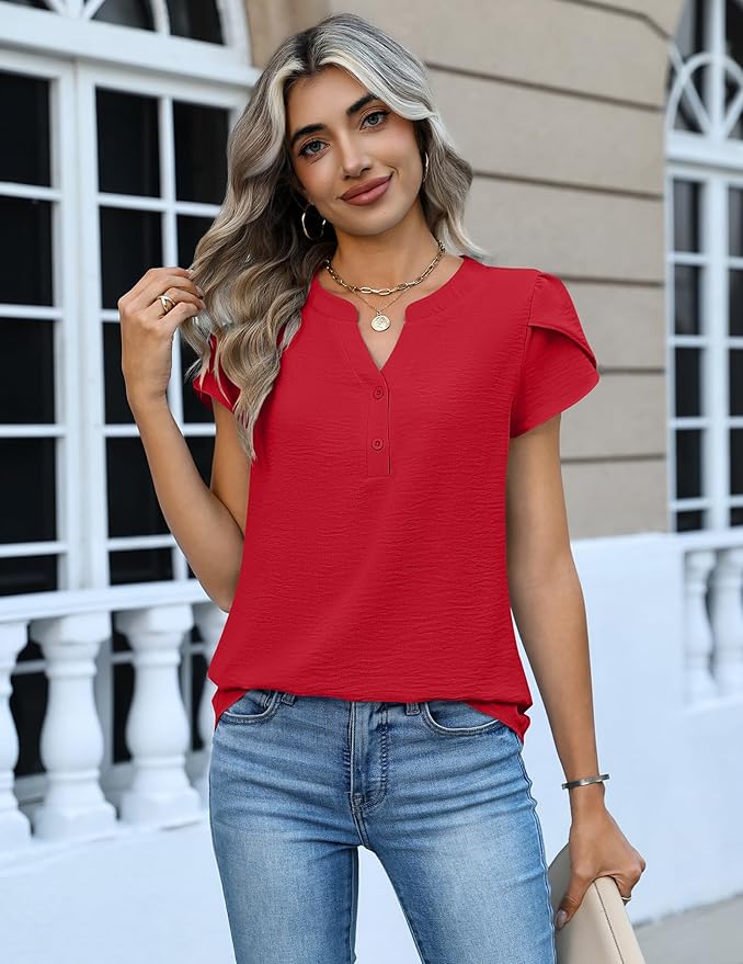 Zeagoo Womens Tops Dressy Casual Textured Blouses Cap Short Sleeve Shirts V Neck Button Up Summer Spring Work Tshirt Clothes