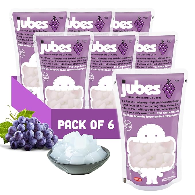 Jubes Grape Nata De Coco Jelly Cubes (12.7 oz, Pack of 6) - Grape Coconut Jelly Cubes for Sago - Coconut Gel in Syrup Toppings for Fruit Tea, Boba, Bubble Tea, Drinks, Desserts Yogurt, Ice Cream, Beverage