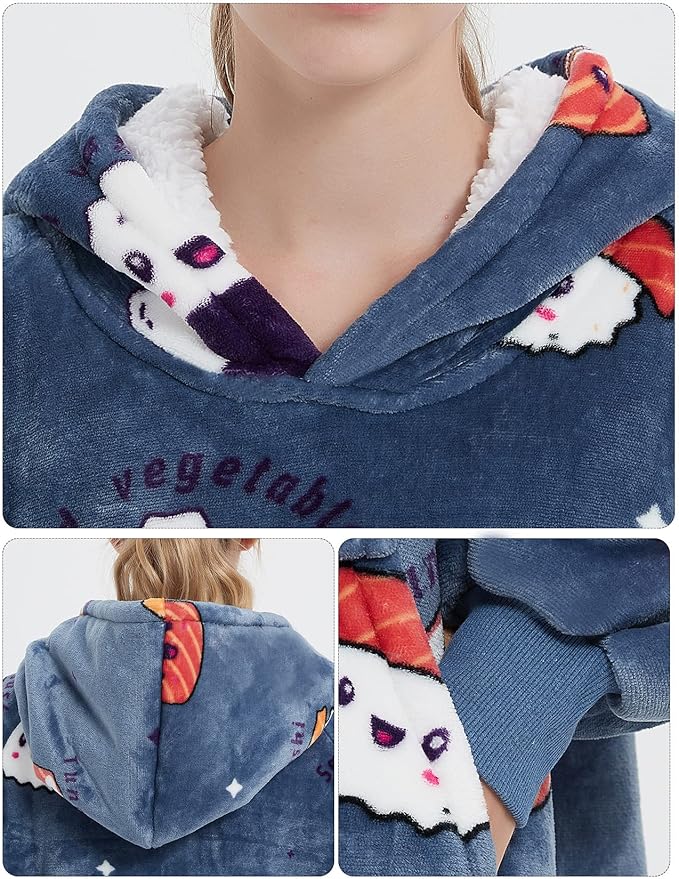 KFUBUO Wearable Blanket Hoodie for Adults Long Sherpa All Patterns Sushi Oversized Sweatshirt Blanket with Pockets Birthday Gifts for Women