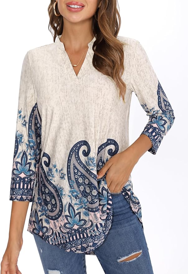 BAISHENGGT 3/4 Sleeve Tops for Women Notch V Neck Floral Work Blouses Dressy Casual Loose Fit Going Out Tunic Tops
