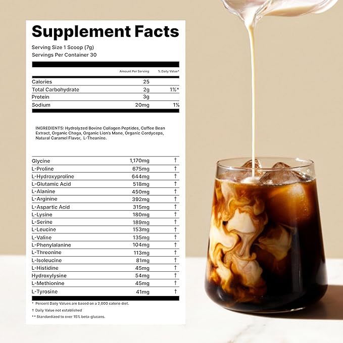 Mushroom Coffee with Collagen - Caramel Blend – Adaptogenic Instant Coffee for Energy, Focus, & Mental Clarity – Enhanced with Lion’s Mane, Chaga, Cordyceps & L-Theanine (30 Servings)