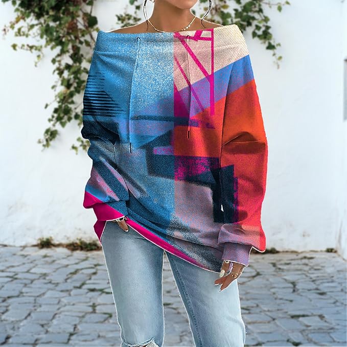 Womens Sweatshirts Floral Print Sexy Off The Shoulder T Shirts Oversized Long Sleeve Pullover Fall Tops
