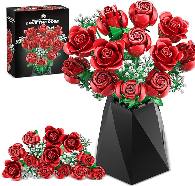 Sopu Red Rose Bouquet Building Set, 960PCS Roses Artificial Flowers Botanical Collection for Dinner Table Home Decor, Valentines Day Gifts for Her Him Valentines Flower Decorations