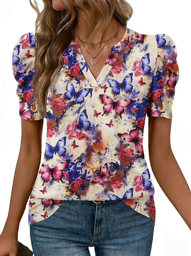 Lomon Spring Summer Tops for Women 2026 V Neck Puff Short Sleeve Tops Fashion Trendy Work Blouses Dressy Casual S-XXL