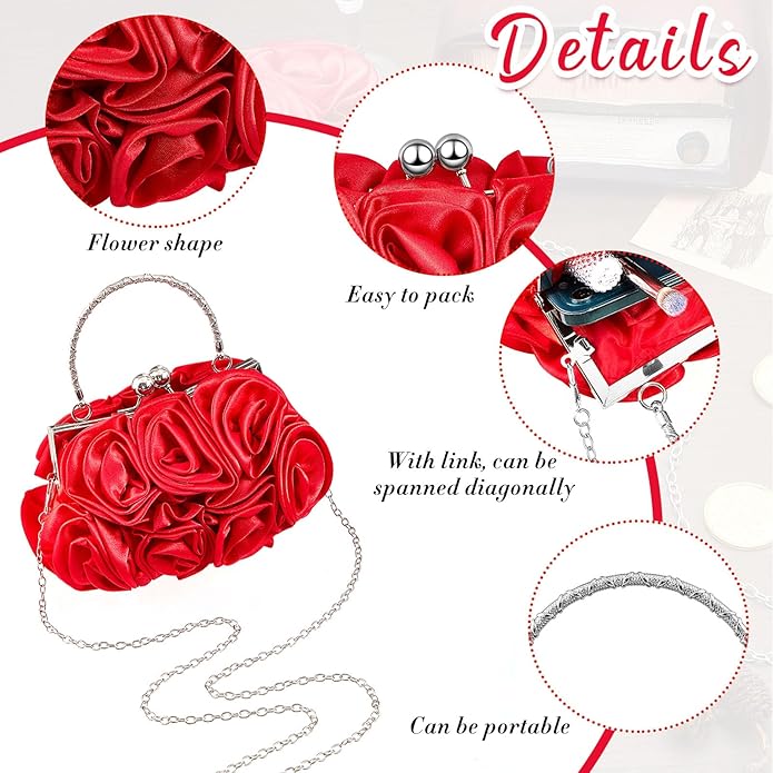 4 Pcs Flower Clutch Rhinestone Jewelry Set Rose Clutch Handbags with Detachable Strap Detachable Necklace Earrings Bracelets for Wedding Party Prom Valentine Gift