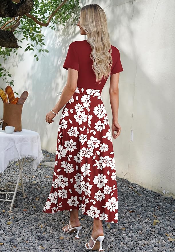AUSELILY Maxi Dresses for Women Ankle Length Floral Print Beach Long Flowy Dress with Pockets
