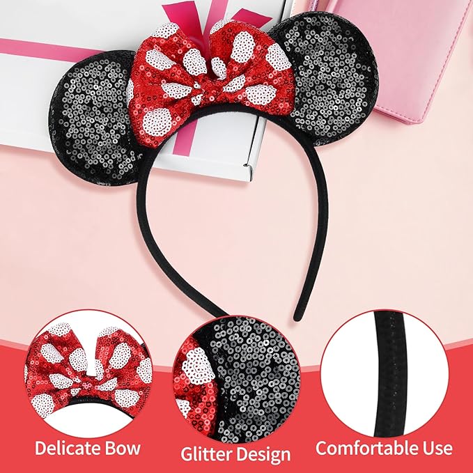Sotaila 2 Pack Red Mouse Ears Headbands for Women Girls, Sequin Bow Headband for Cosplay Costume Birthday Party Decorations Hair Accessories