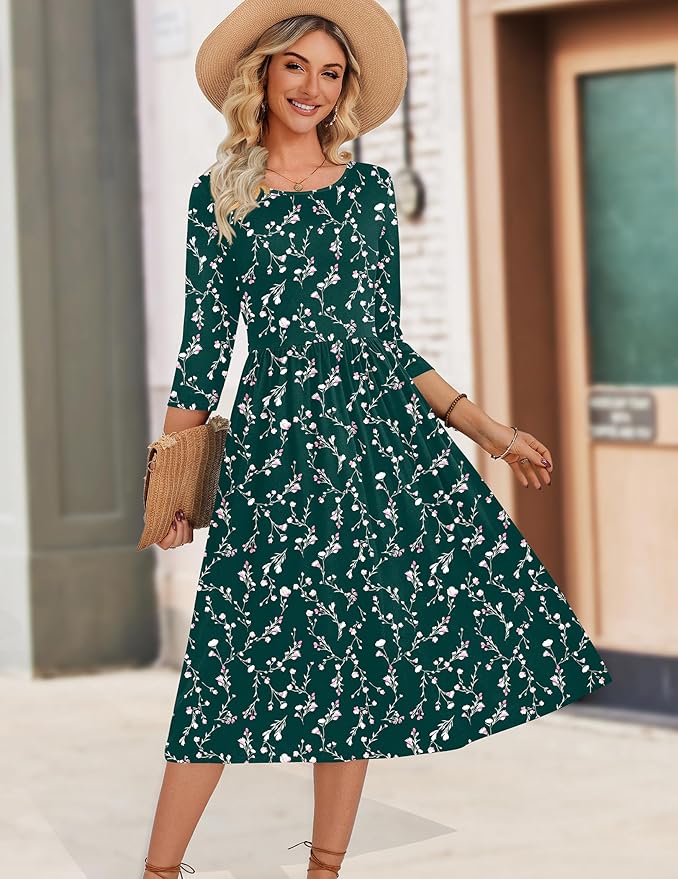 Zeagoo 3/4 Sleeve Women's Dress Casual Flowy A-Line Midi Tshirt Dresses with Pockets Crewneck Vocation Boho Beach Sundress