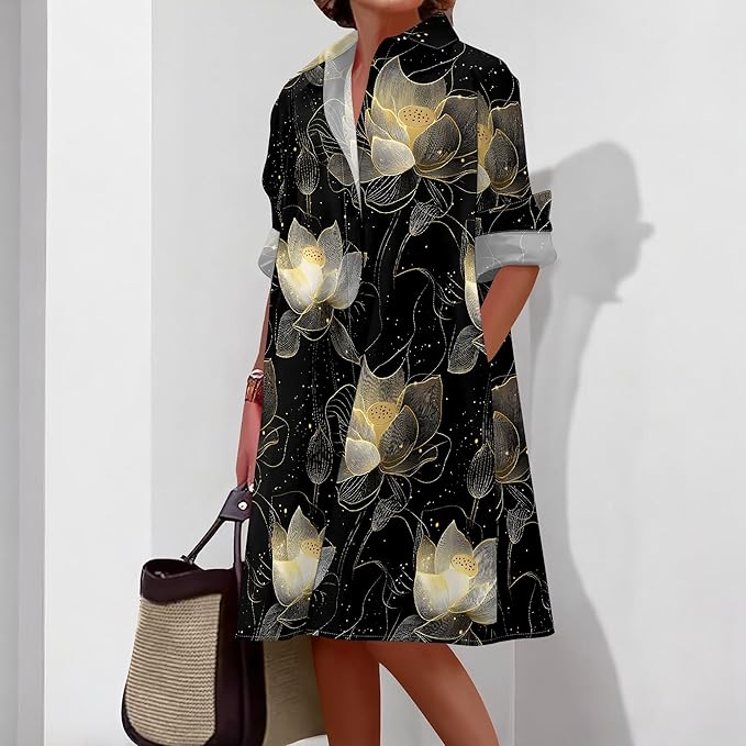 Shirt Dresses for Women 2025 Summer Long Sleeve Casual Plus Size Floral Printed Beach Vacation Dress with Pockets