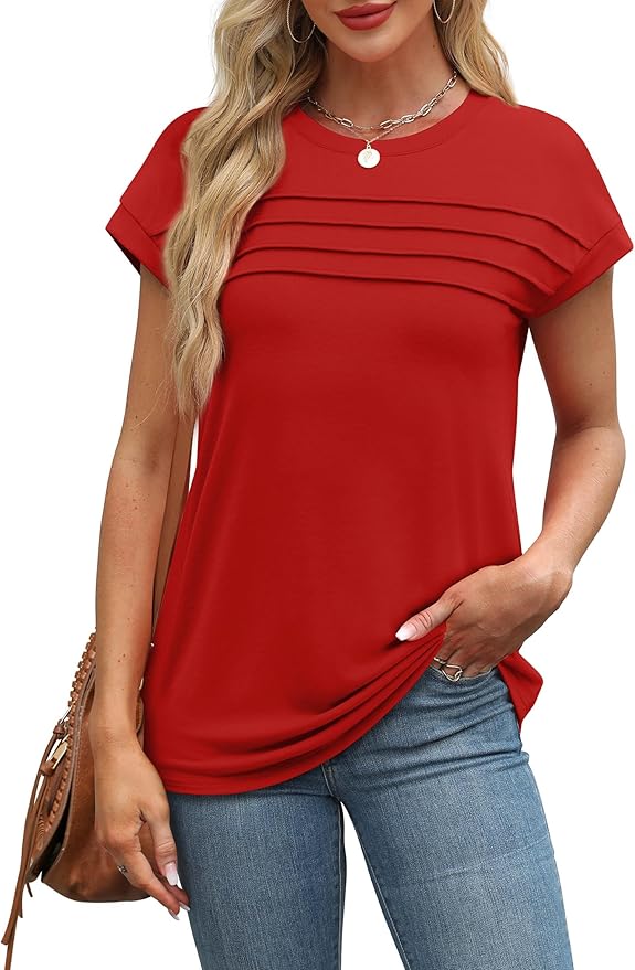 WEESO Womens Summer Tops Trendy 2026 Cap Sleeve T Shirts Crew Neck Pleated Front Beach Vacation Clothes Fashion