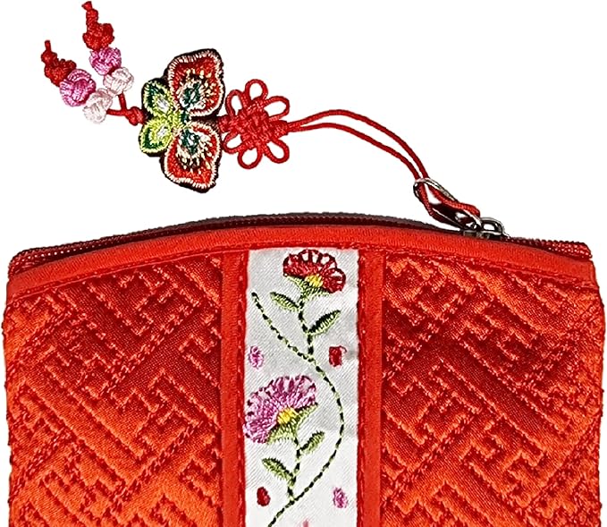 Seoulful Vintage Korean Embroidered Card Pouch - Wildflower Design Coin Purse with Butterfly Charm - Traditional Korean New Year's Gifts (Red)