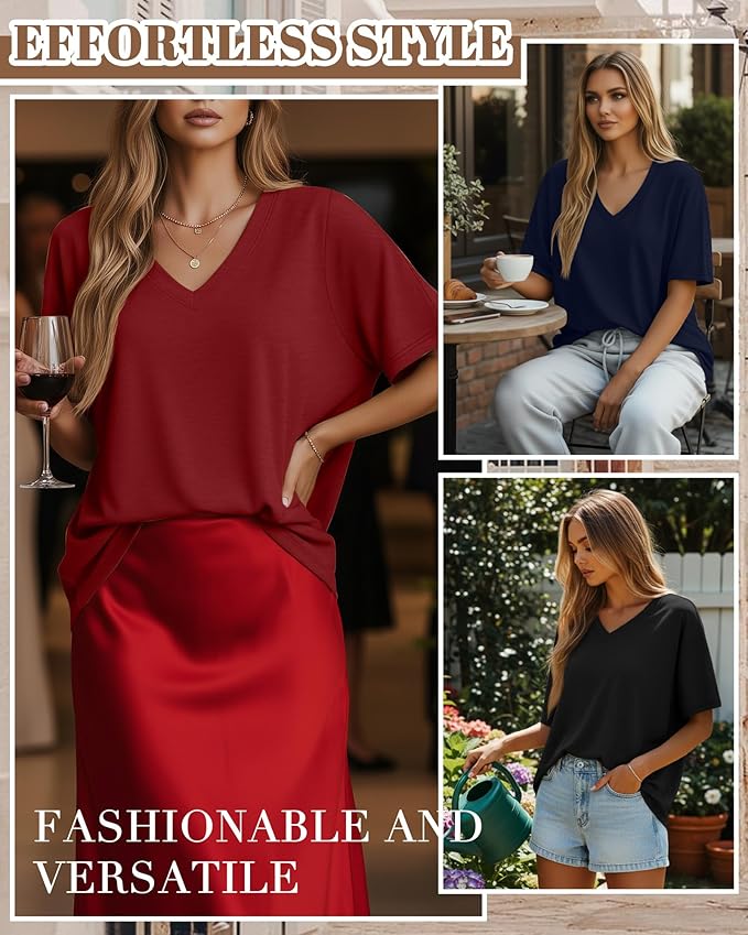 Huukeay Women's Cotton Oversized T Shirts 3 Pack V Neck Loose Fit Half Sleeve Tops Baggy Casual Summer Gym Workout Tees 2026
