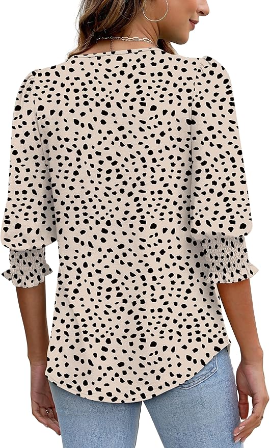 XIEERDUO Blouses for Women Dressy Casual 3/4 Length Sleeve Womens Tops with Smocked Cuffs