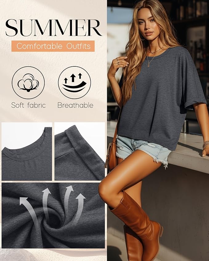 Riyiper 3 Pack Women's Oversized T-Shirt Half Sleeve Summer Tees Casual Loose Fit Crew Neck Basic Tops