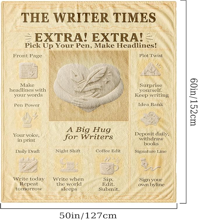 Writer Blanket 60x50 Flannel Throw, Vintage Press Newspaper-Inspired Aesthetic, Cozy Gift for Authors, Journalists & Editors, Soft Couch Decor for Reading Nook