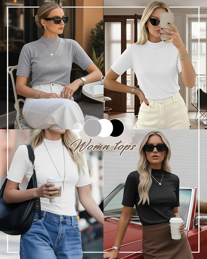 Ficerd 3 Pack Women's 1/2 Sleeve Mock Turtleneck Shirts, Elbow Length Shirt Half Sleeve Tunic Top Casual Summer Basic Tees