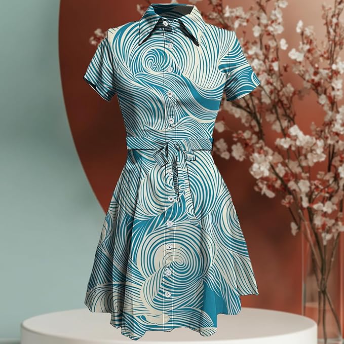MARSVOVO Vintage Retro Shirt Dress for Women Short Sleeve Button Down Tie Waist Elegant Smocked Knee Length Dress