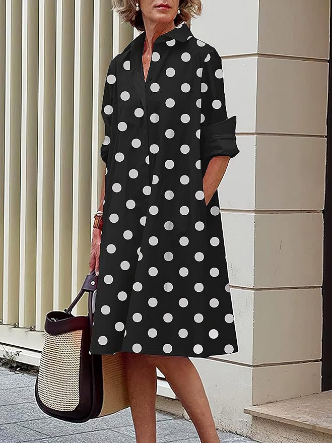 Womens 2025 Long Sleeve Button Down Shirt Summer Dress Casual V Neck Loose Fit Midi Shirt Dresses with Pockets