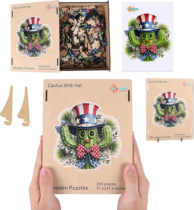 MEATRN Puzzles for Adults - Playful Cartoon Cactus Design with Hat Wooden Puzzles, Unique Plants Wood Jigsaw Puzzle for Friends and Children Gift, Family Game, 207 Pcs, 11.4 x 11.3in