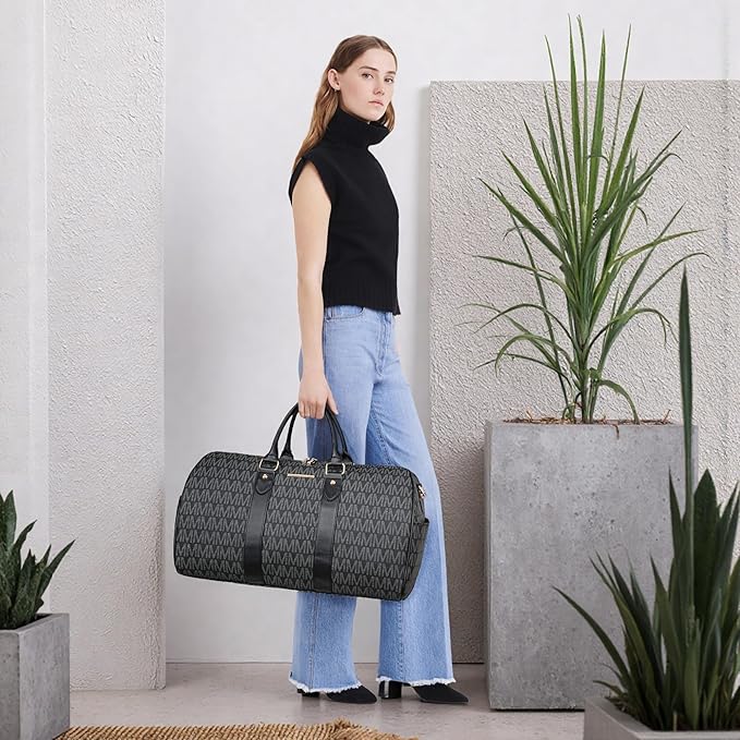 Women PU Leather Monogrammed Duffel Bag for Men- Scratch-Resistant Waterproof, Multi-Pocket Design, Large Capacity Carry-On for Gym Yoga Work Travel Weekender