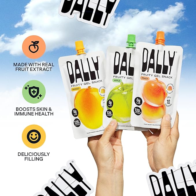 Dally Drinkable Konjac Jelly Variety Pack (10 Pouches) – 10-Calorie, Zero Sugar Korean Fruit Snack – Mango, Peach & Apple Flavors – Prebiotics & Postbiotics for Skin, Immune & Weight Management