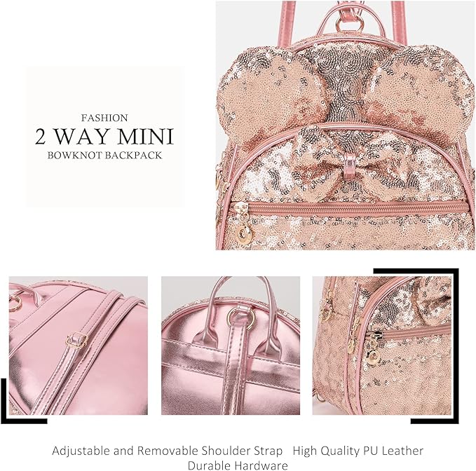 KL928 Girls Mini Backpack Bowknot Polka Dot Cute Daypacks Convertible Shoulder Bag Purse for Women (Brown) (Sequin Fluorescent Pink)