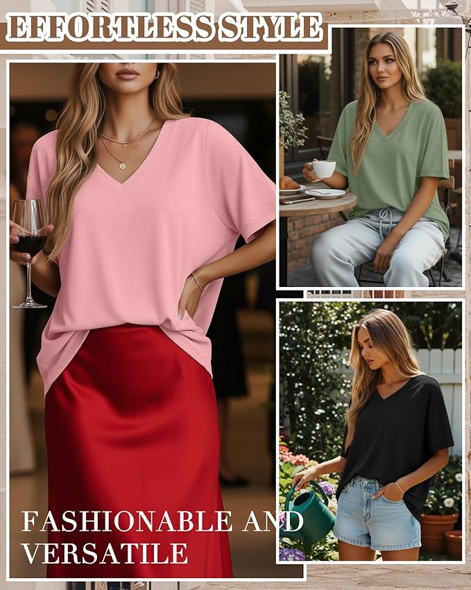 Huukeay Women's Cotton Oversized T Shirts 3 Pack V Neck Loose Fit Half Sleeve Tops Baggy Casual Summer Gym Workout Tees 2026