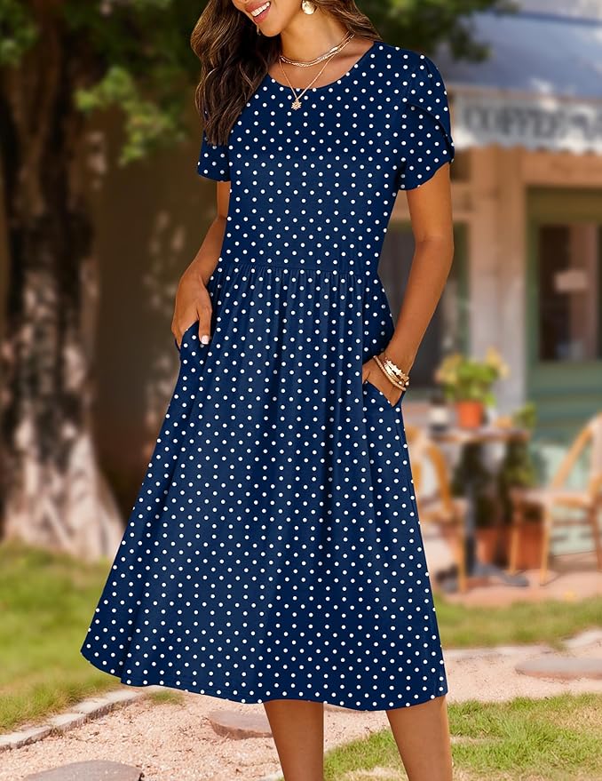 HOTOUCH Women's Summer A-Line Midi Dresses 2026 Casual Floral Short Sleeve T-Shirt Dress Flowy Beach Sundress with Pockets