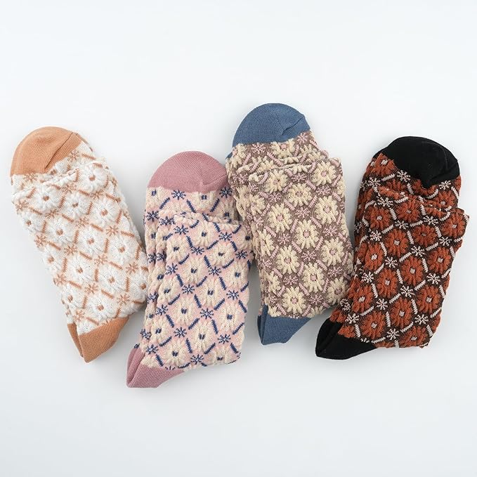 Kikiya Women's Cotton Crew Socks - Cute Flower Graphic Polka Dot Striped Heart Patterned - Ladies Girls Casual Socks Size 6-8