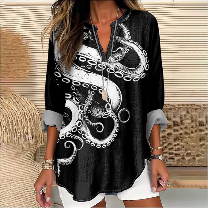MARSVOVO V Neck Shirt For Women Boho Multi Style Blouse Long Sleeve Novelty Graphic Plus Size Pullover Tops For Women