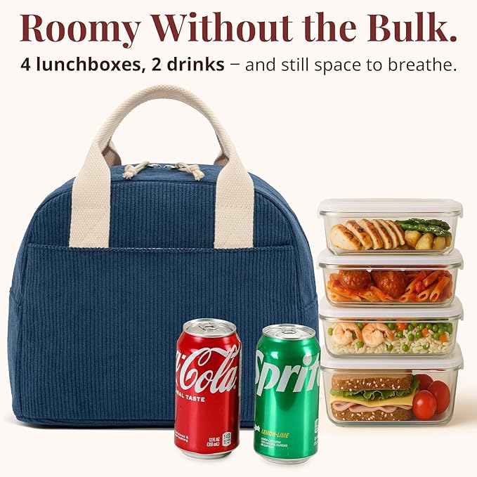 Insulated Navy Blue Lunch Bag for Women, Stylish Corduroy Tote with Aluminum Lining, Large Capacity Reusable Cooler for Work, Travel, or Beach, Beige Cream Water-Resistant Lunch Box
