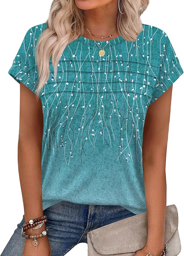 WEESO Womens Summer Tops Trendy 2026 Cap Sleeve T Shirts Crew Neck Pleated Front Beach Vacation Clothes Fashion